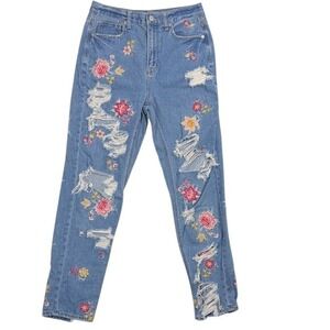 American Eagle Floral Embroidered Distressed Mom Jeans Womens 4 Blue High Rise